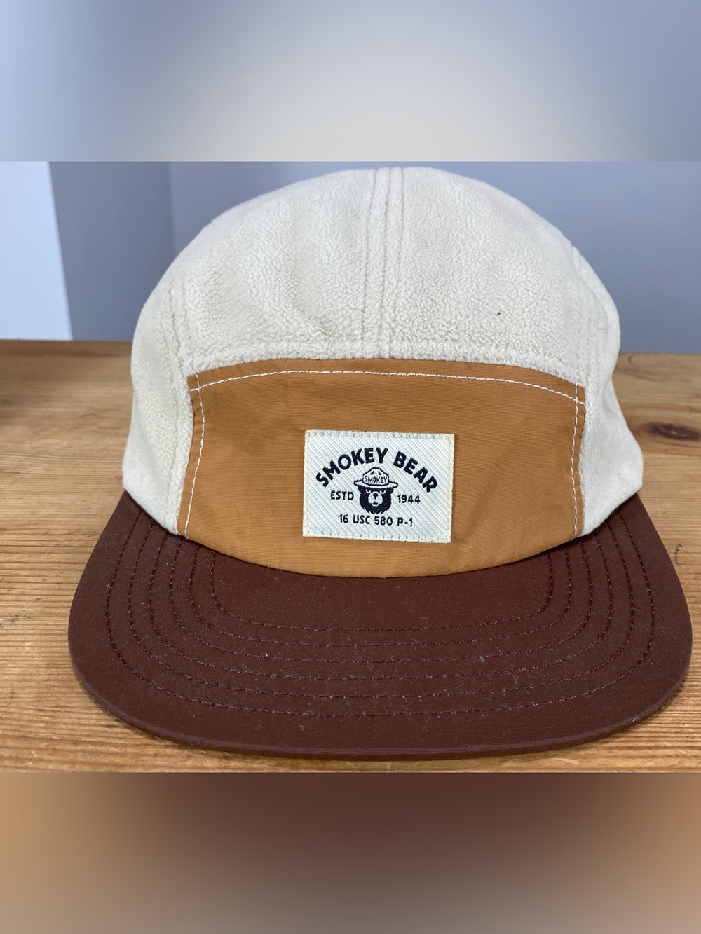 Smokey Bear Fleece 5 Panel Camper Hat Cream Rust Brown Mad Engine Strapback Cap